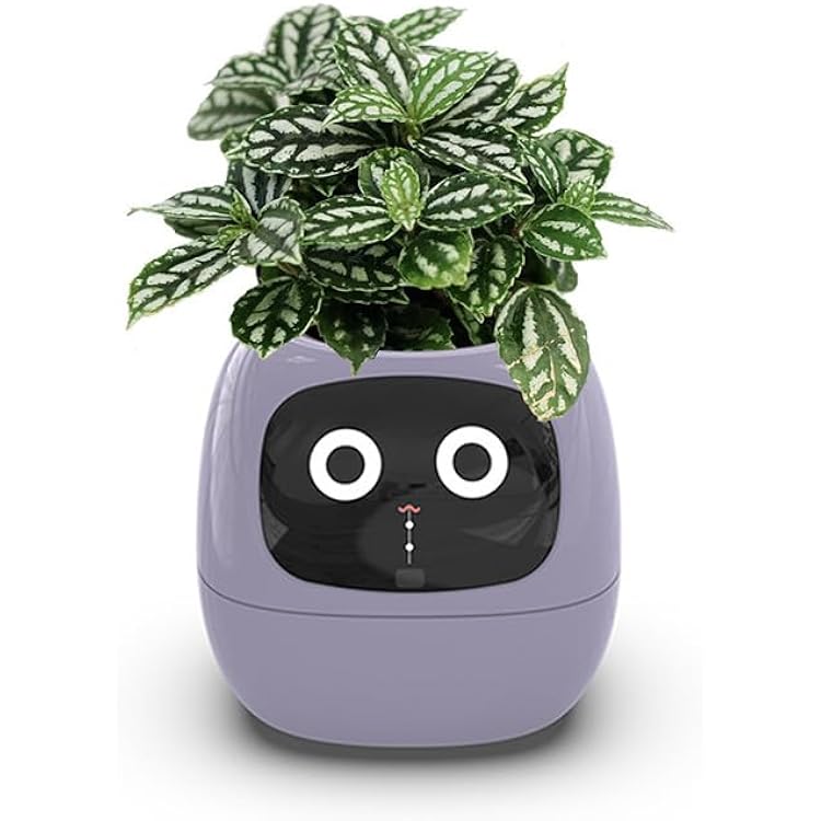 Cute purple smart plant pot with emoji face – guides plant care with sensors and reactions