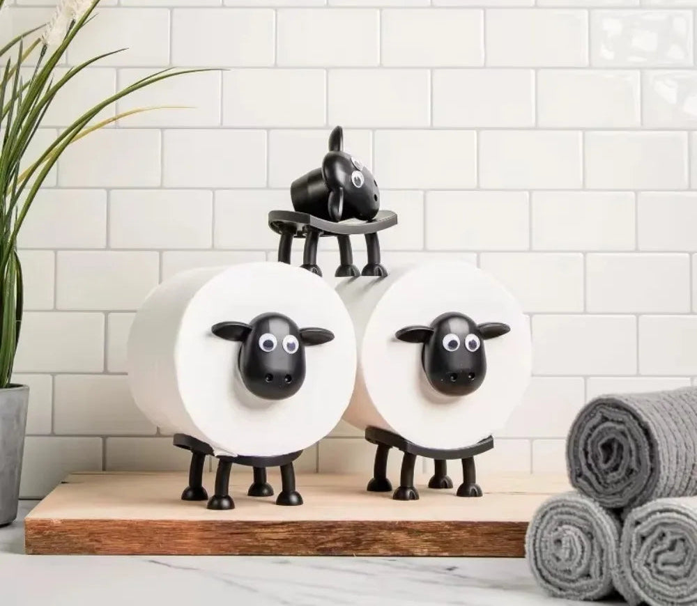 Two sheep toilet roll holders displayed in real bathroom setting – cute and creative toilet paper storage
