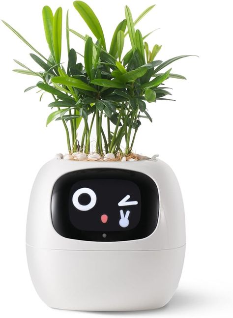 Modern white planter robot with animated screen – emotional reaction to plant status